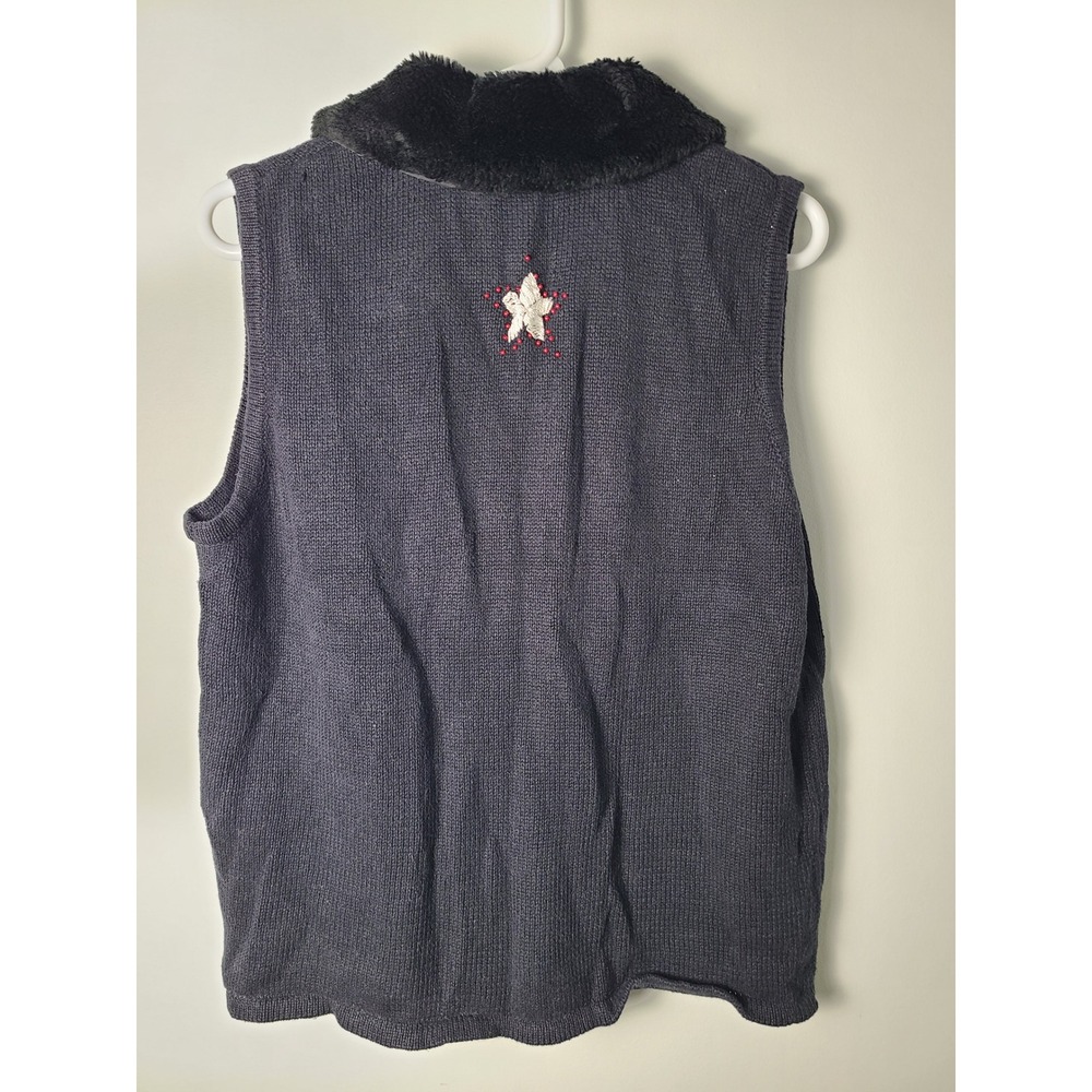 Mercer Street Studio Christmas Holiday Sweater Vest Faux Fur Collar Black Large - Picture 2 of 9